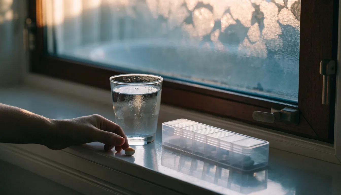 A hand beside an open weekly pill organiser and a glass of water on a plain counter in morning light