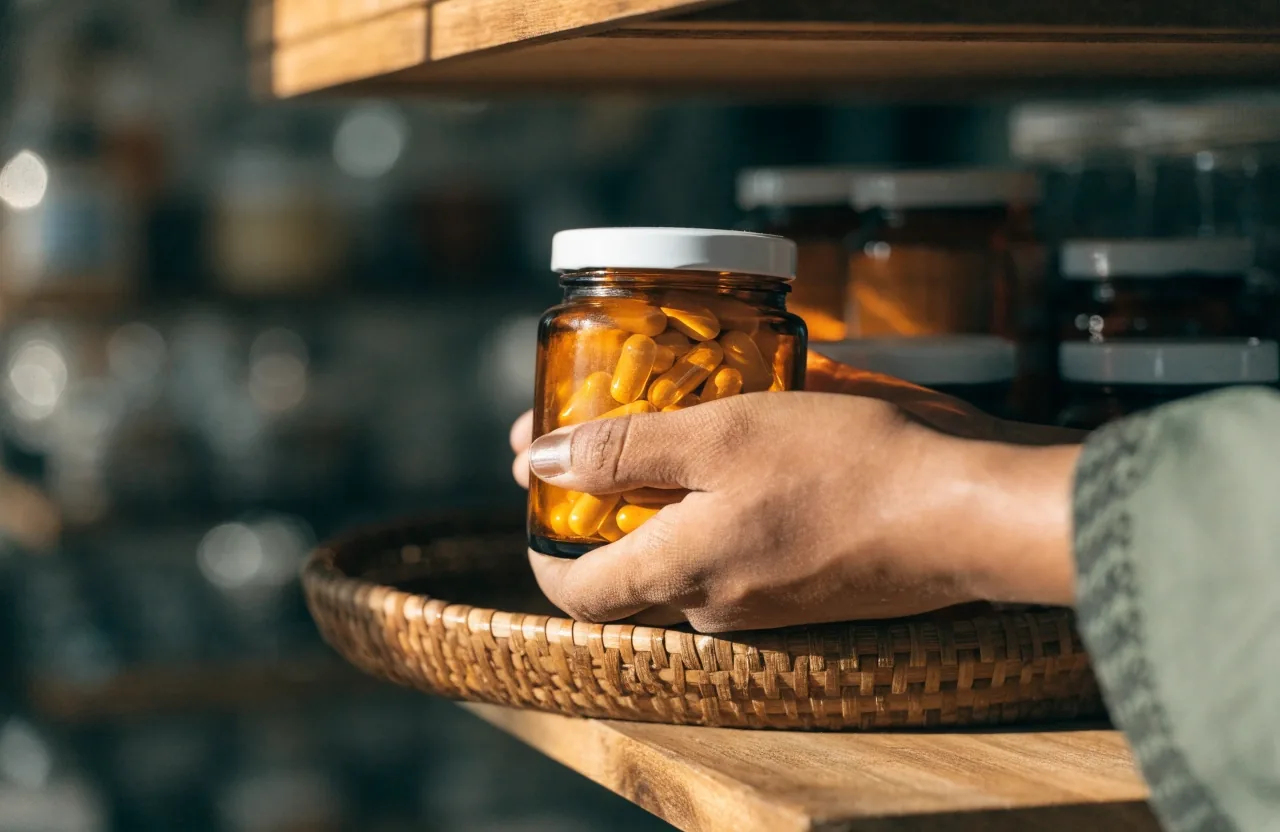 An unlabelled supplement jar and scoop on a Yogyakarta shop counter in early morning light