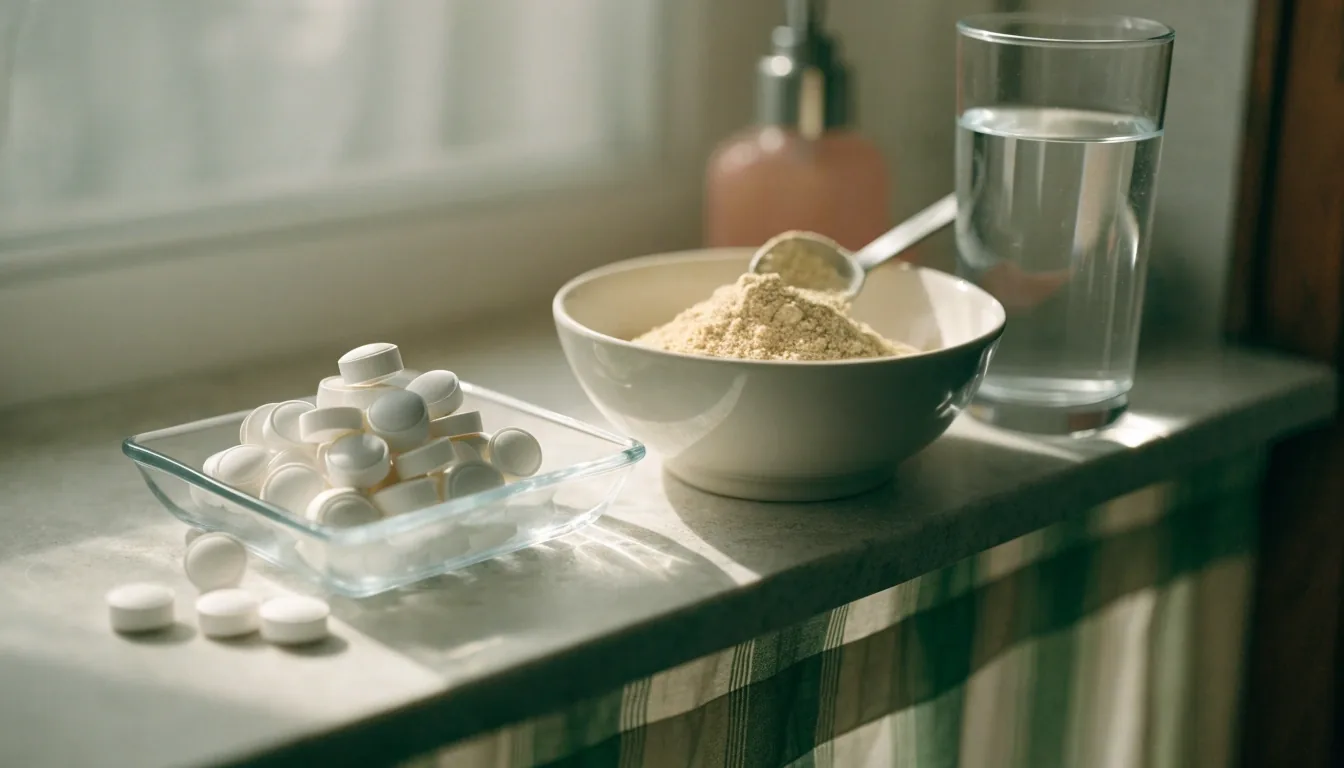 A man's forearm and hand at a plain counter beside an open weekly pill organiser and a glass of water in morning window light