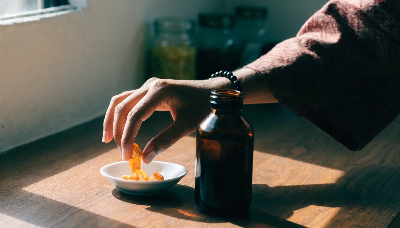 A plain morning counter in Yogyakarta with an unlabelled amber supplement bottle in hard left daylight