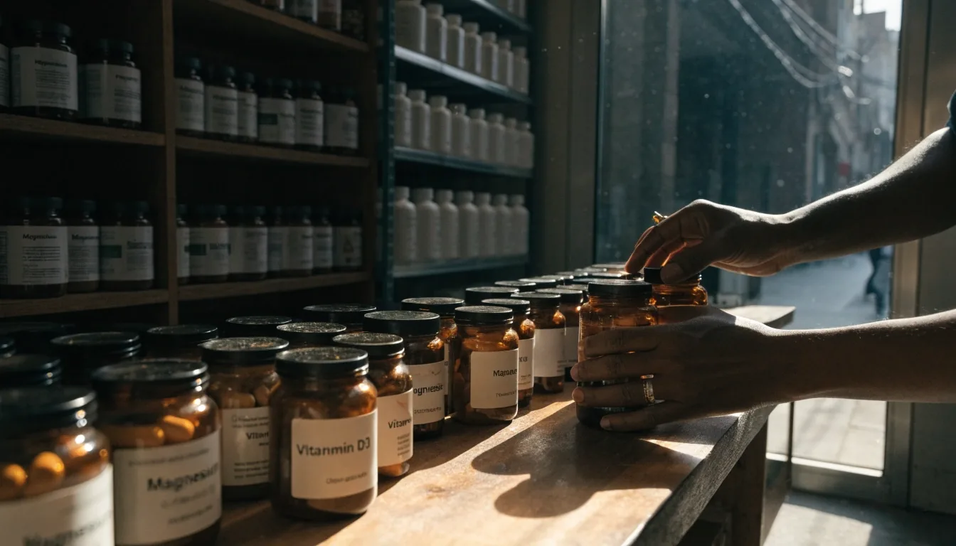 A plain counter in a supplement shop at opening hours with an unmarked bottle and hard side light