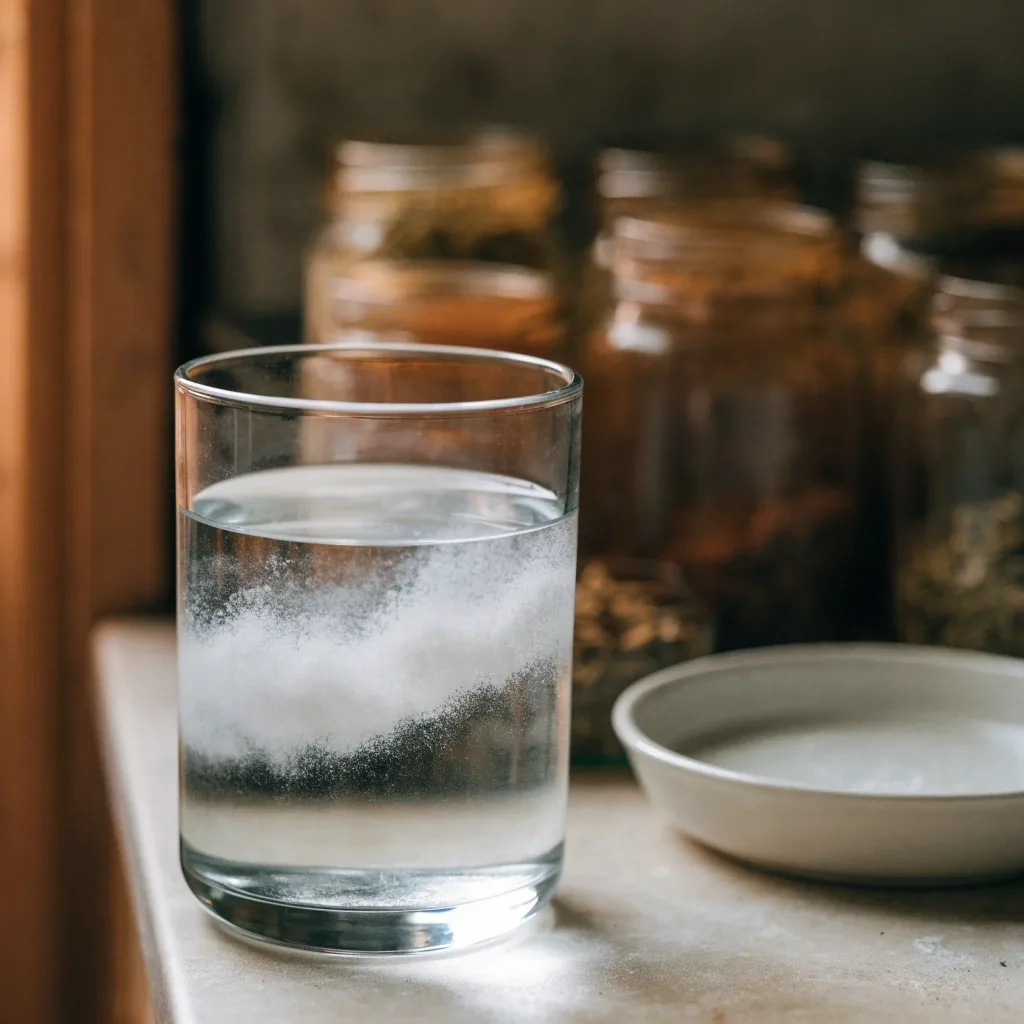 Powder poured from an unmarked scoop into a clear glass of water on a stone counter