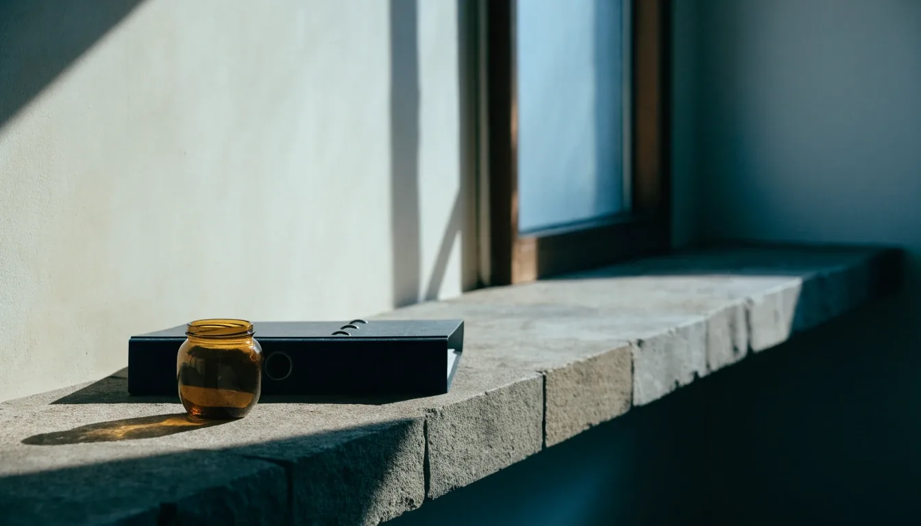 A quiet office counter in Yogyakarta at morning light, a binder and an unlabelled jar resting at the edge